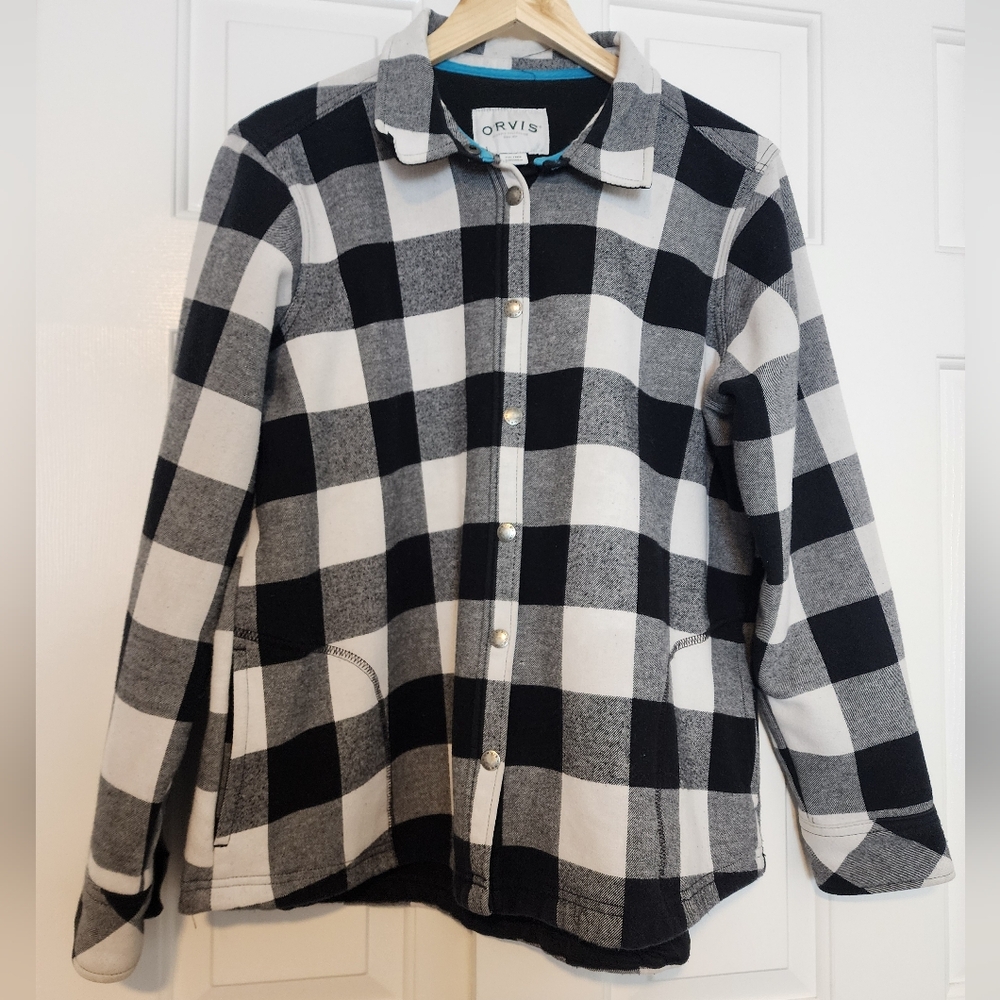 Orvis Fleece Lined Flannel Black & White Cotton Women's Shirt Jacket Size XXL